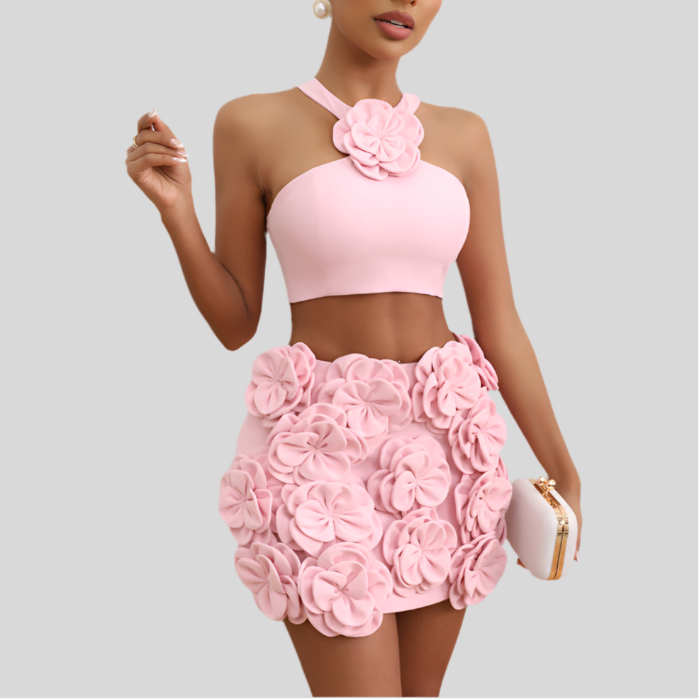 Fashion Suit Top Halter Decorative Flower Skirt - Fashivon