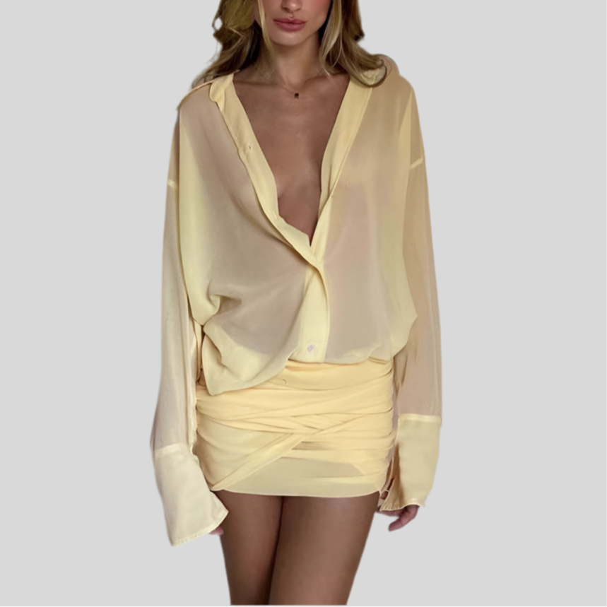 Spring Elegant Lapel Slim-fit Sheath Lace-up Shirt Dress - Fashivon