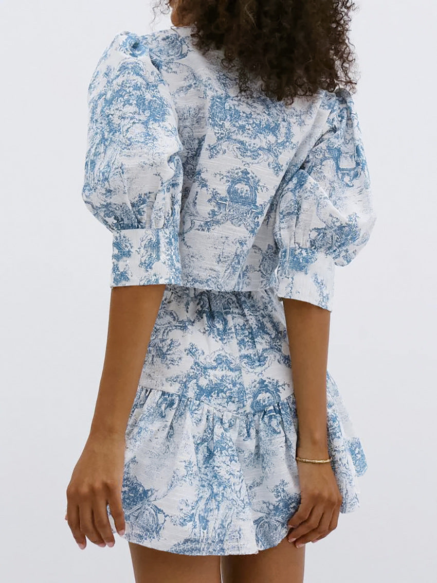 Fashion Small Stand Collar Printing Slim Fit Skirt Suit - Fashivon