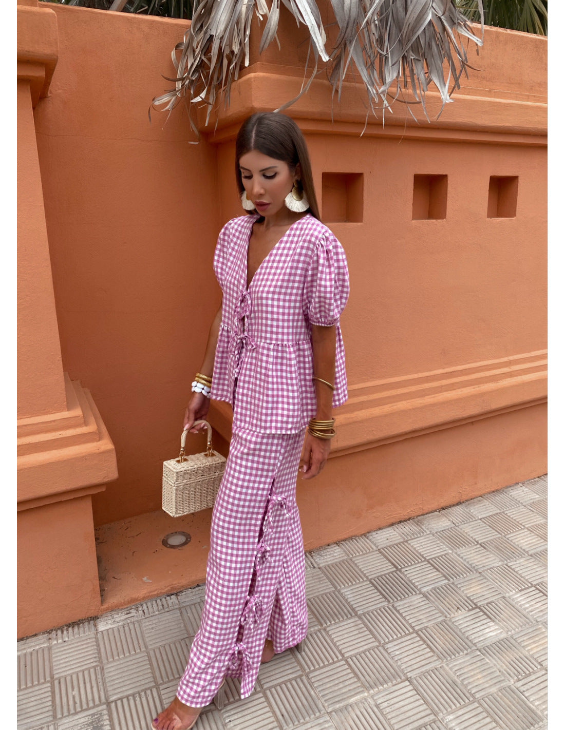 Women's Fashion V-neck Plaid Knotted Suit - Fashivon