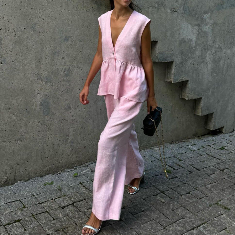 V-neck Sleeveless Top Vest Trousers Suit Women - Fashivon