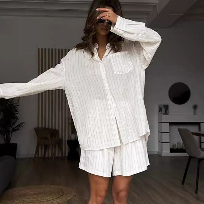 White Striped Long-sleeved Shirt Two-piece Comfortable - Fashivon