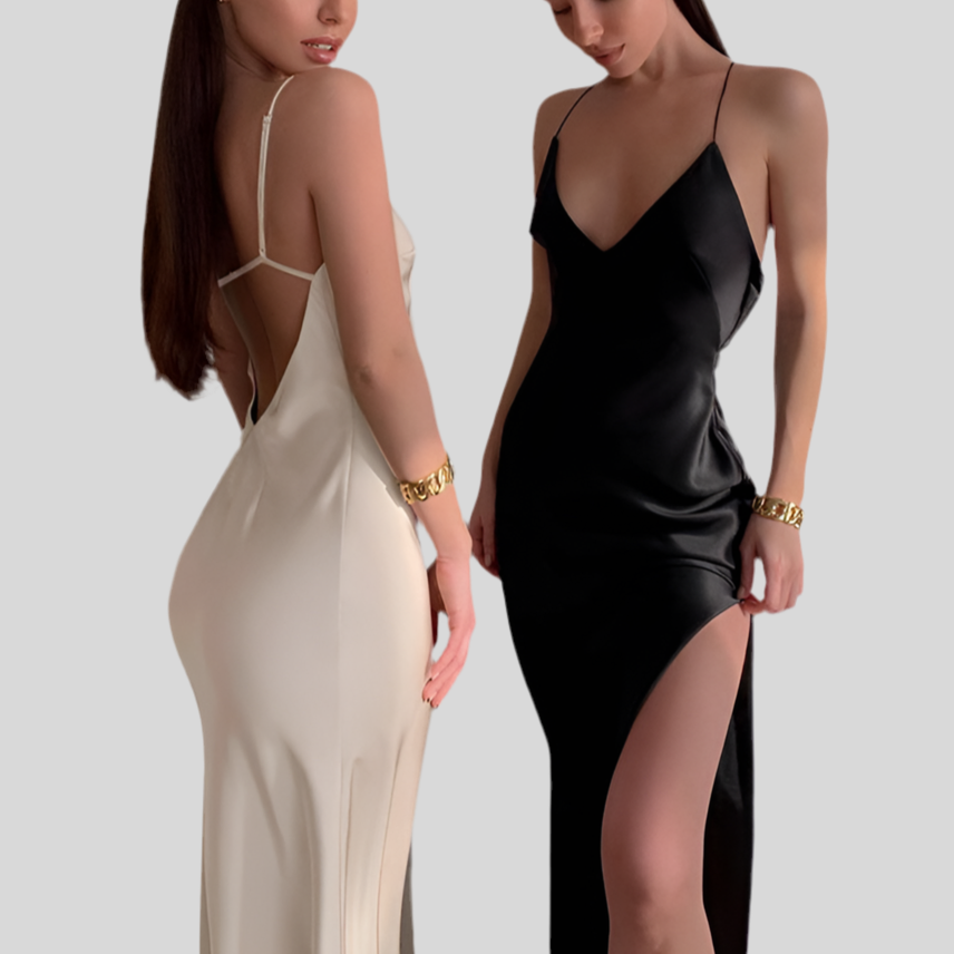 Satin Maxi Backless Split Party Dresses Off Shoulder V Neck - Fashivon