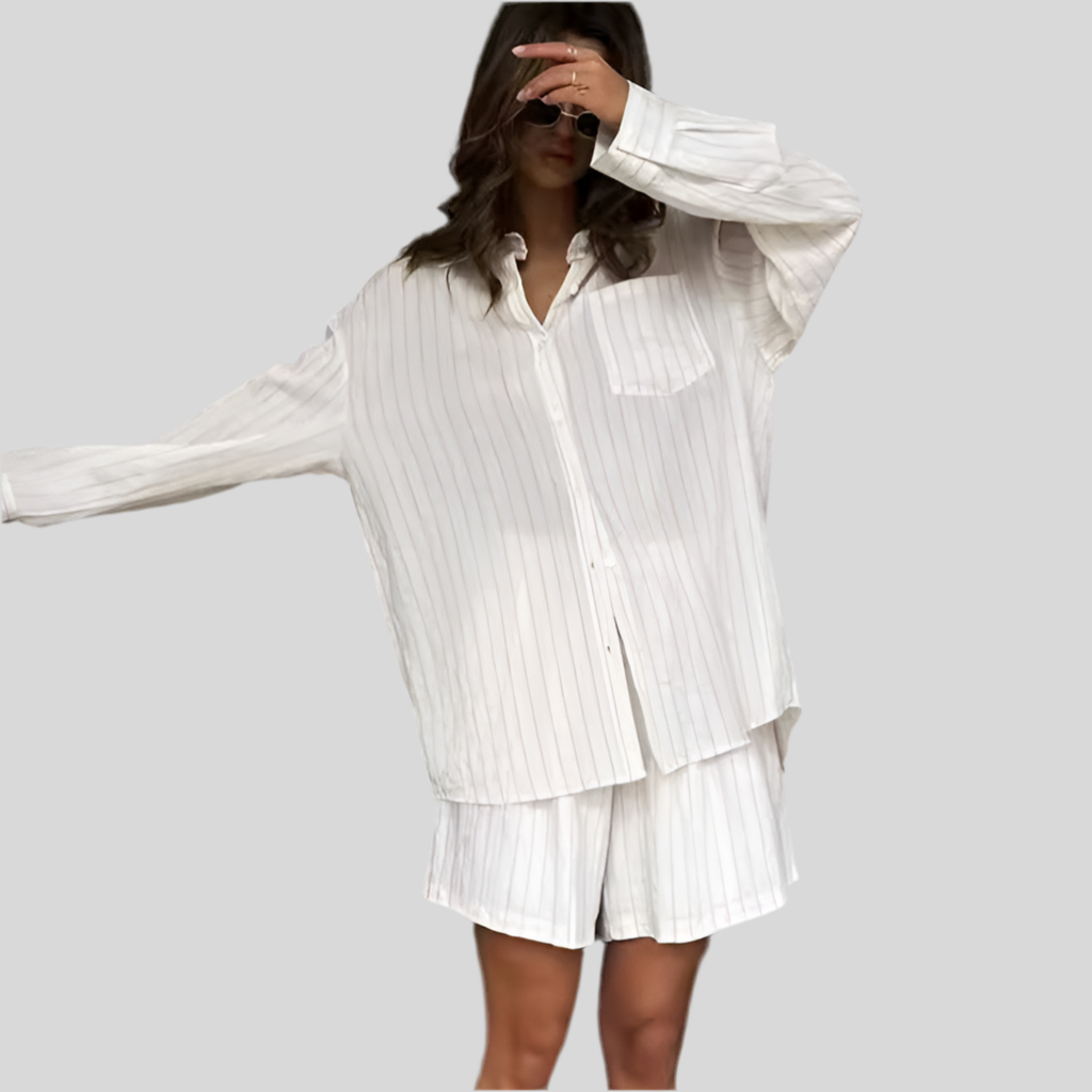 White Striped Long-sleeved Shirt Two-piece Comfortable - Fashivon