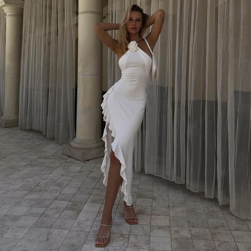 Slim-fit Three-dimensional Flower Halter Split Dress Women - Fashivon