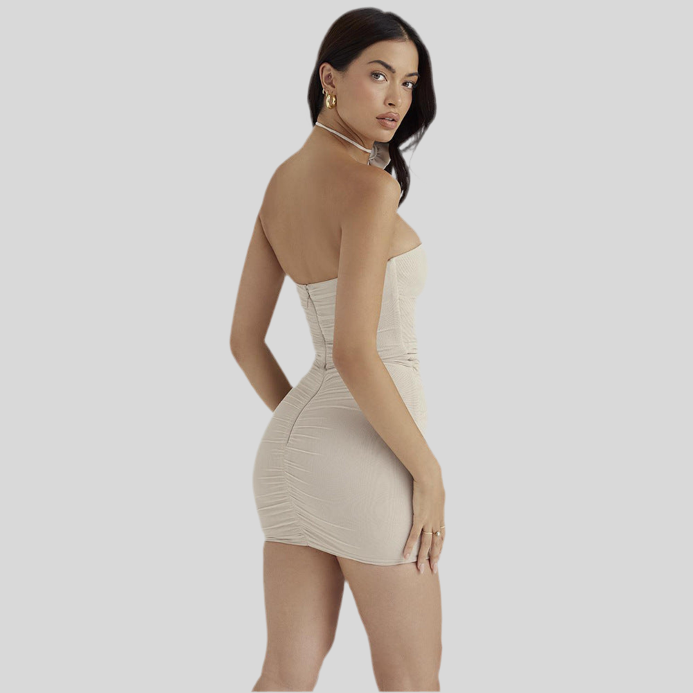 Strapless Flower Mesh Women Dress Apricot Hollow Out - Fashivon