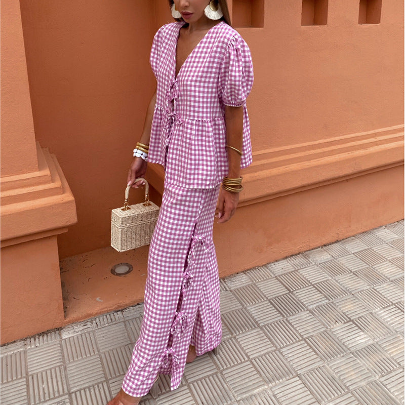 Women's Fashion V-neck Plaid Knotted Suit - Fashivon