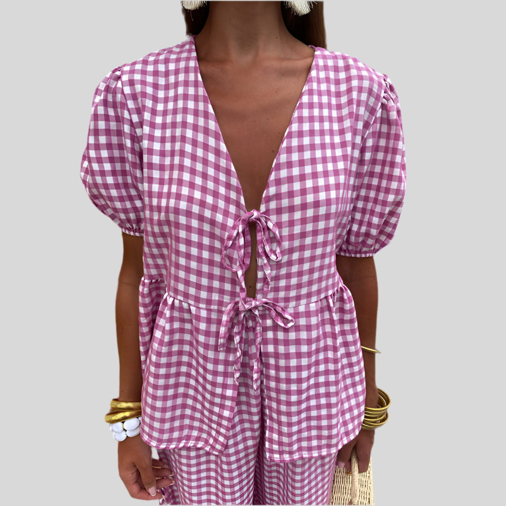 Women's Fashion V-neck Plaid Knotted Suit - Fashivon
