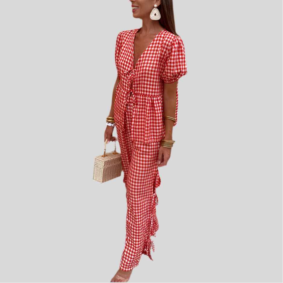 Women's Fashion V-neck Plaid Knotted Suit - Fashivon