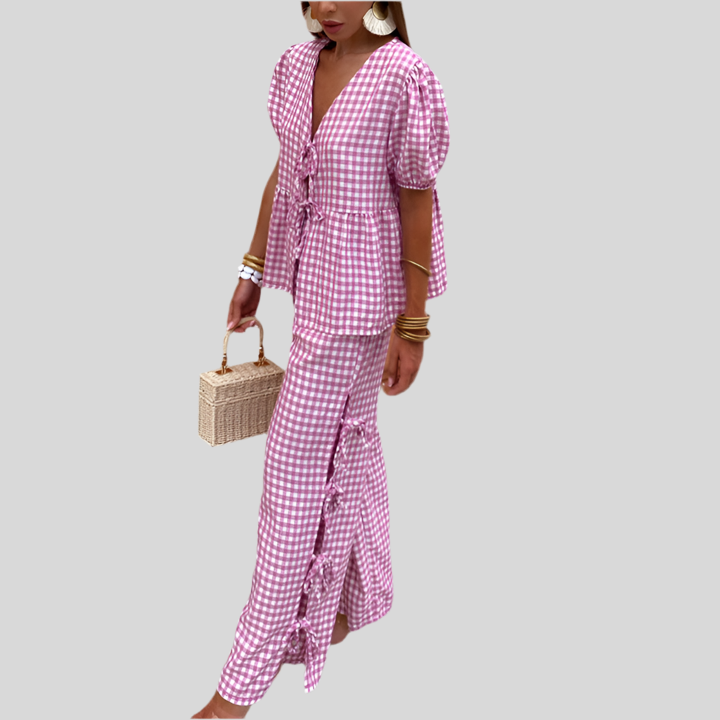 Women's Fashion V-neck Plaid Knotted Suit - Fashivon