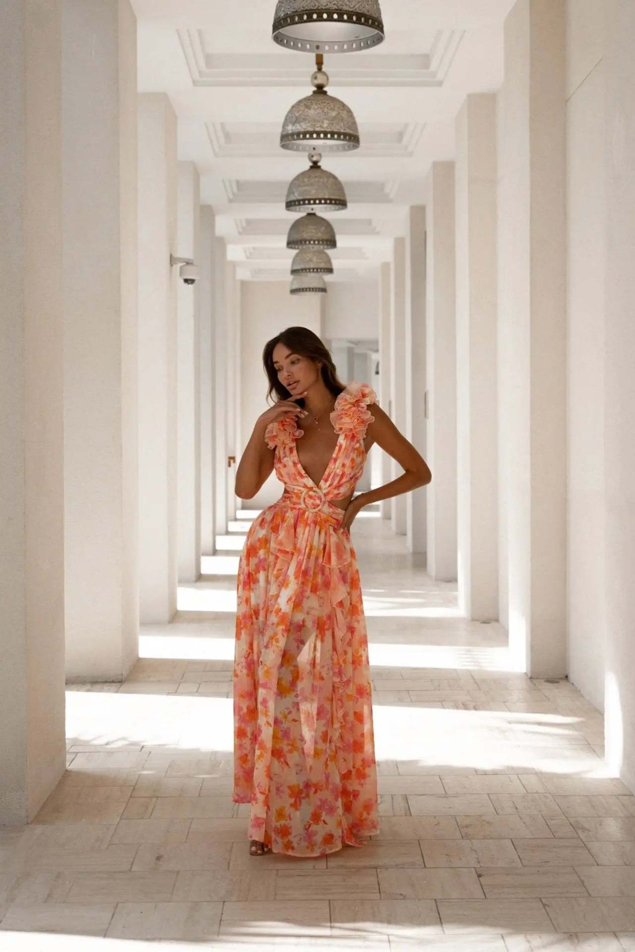 Summer Vacation Print Long Dress V-Neck Backless Floral Dress - Fashivon