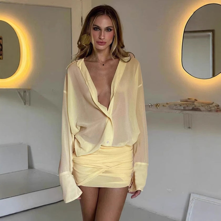 Spring New Elegant Sexy Lapel Slim-fit Sheath Lace-up Shirt Dress - Fashivon