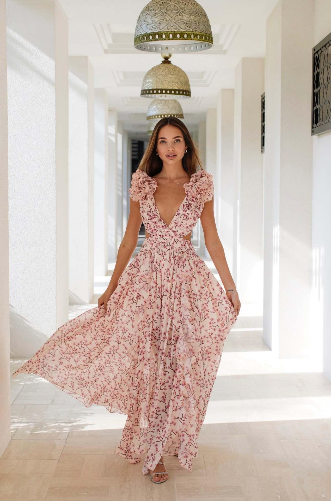 Summer Vacation Print Long Dress V-Neck Backless Floral Dress - Fashivon