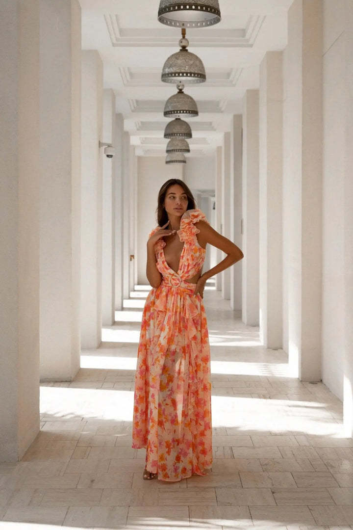 Summer Vacation Print Long Dress V-Neck Backless Floral Dress - Fashivon