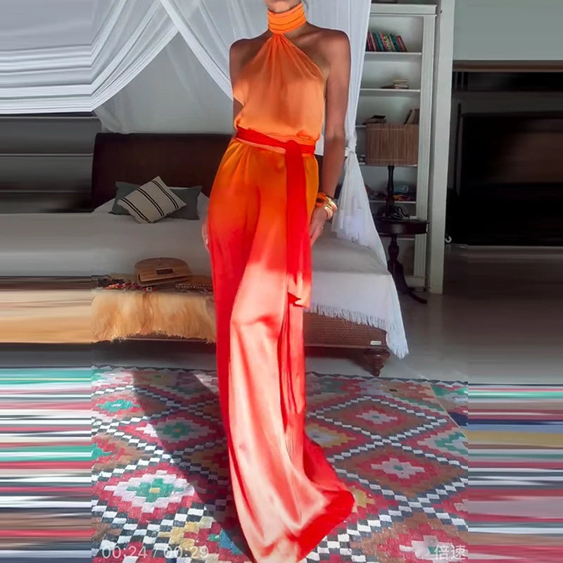 Casual Summer Slim Beach Long Dress Gradient Printed Backless Lady Waist Robe Dress