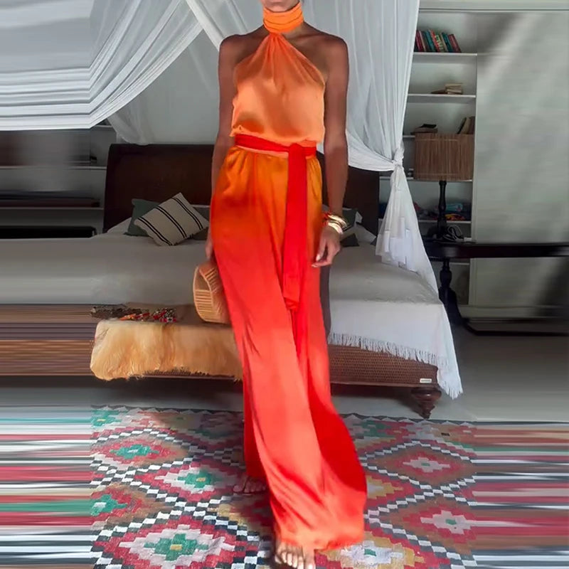 Casual Summer Slim Beach Long Dress Gradient Printed Backless Lady Waist Robe Dress