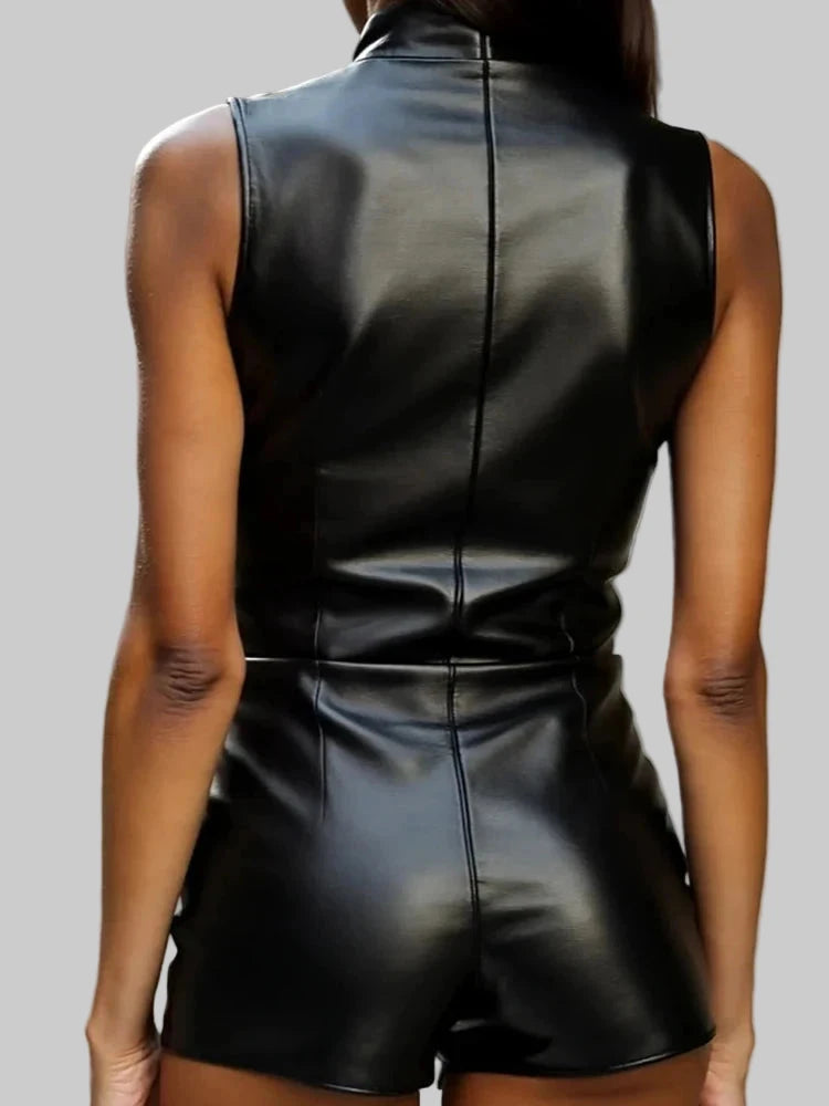 Women's PU Leather Summer Playsuit Sleeveless Zipper Patchwork Bodysuit Stand Collar Sexy Simple Slim Rompers for Holiday 2025 - Fashivon