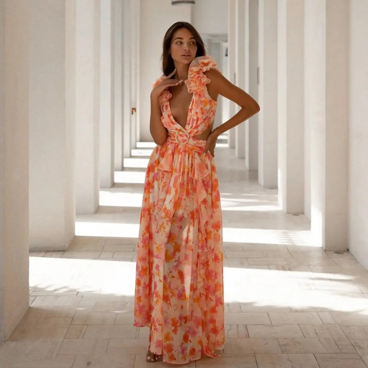 Summer Vacation Print Long Dress V-Neck Backless Floral Dress - Fashivon