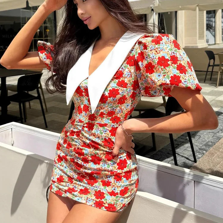 Tornova Print Puff Sleeve Short Dress Female Lapel Summer New Pleated Hight Waist Hot Girl Hip Wrap Dress Women's Fashion Dress - Fashivon