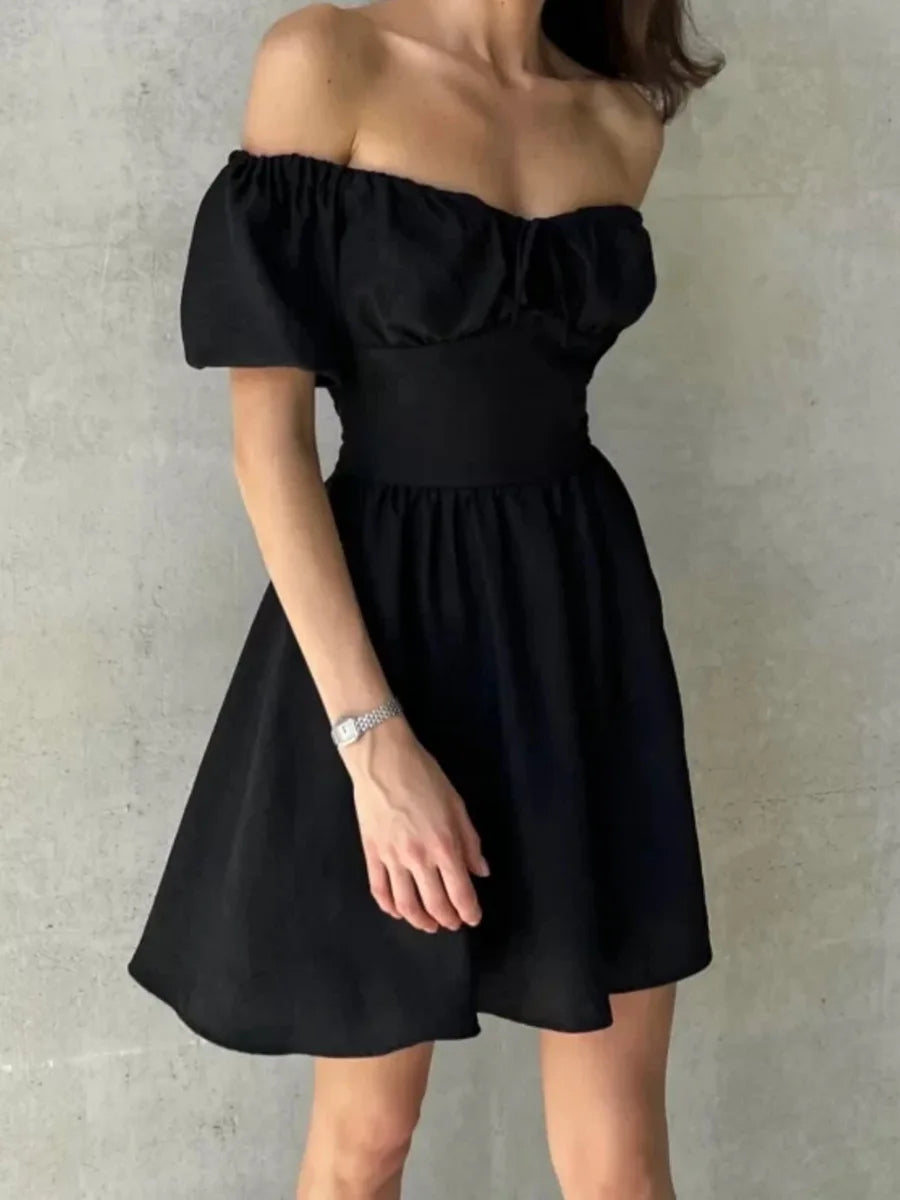 Tornova One-Shoulder Puff Sleeve Dress Female Lace Up Short Sleeve High Waist Mini Dress A-line Chiffon Casual Dress Solid Slim - Fashivon