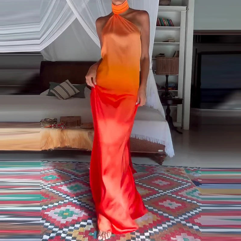 Casual Summer Slim Beach Long Dress Gradient Printed Backless Lady Waist Robe Dress