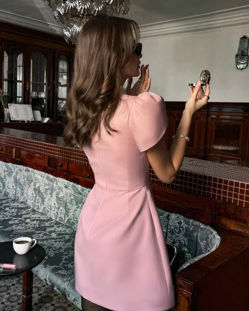Puff Sleeves Short Dress - Fashivon