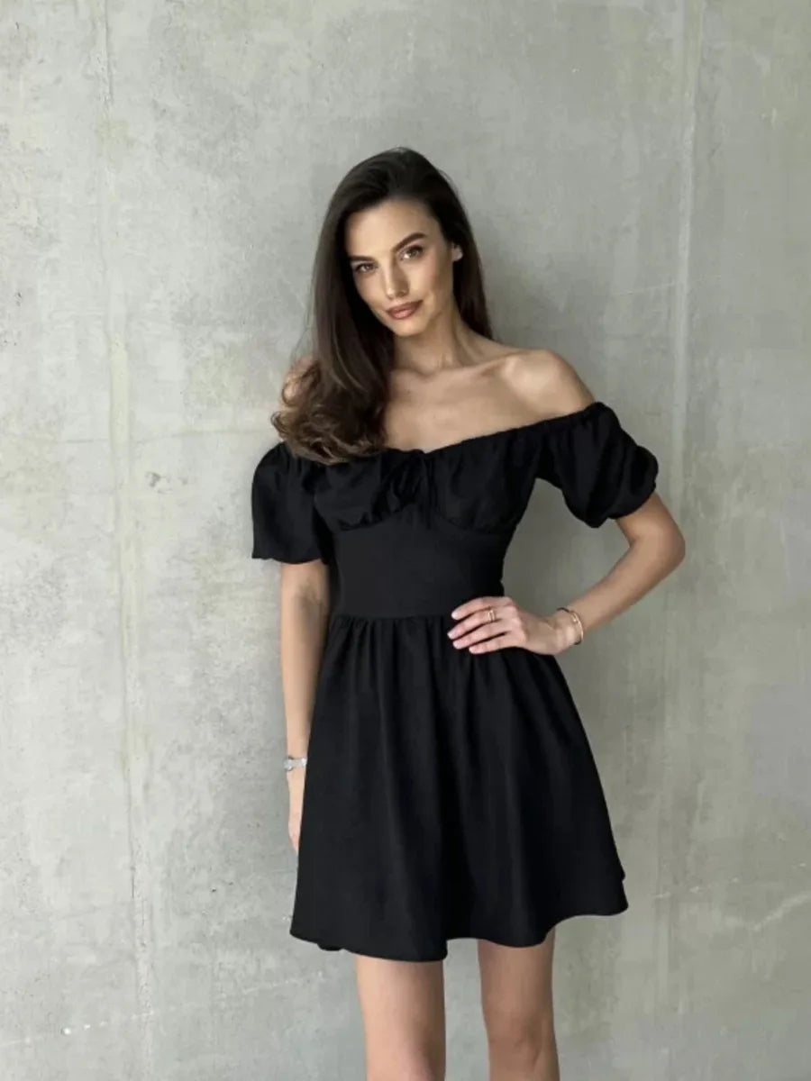 Tornova One-Shoulder Puff Sleeve Dress Female Lace Up Short Sleeve High Waist Mini Dress A-line Chiffon Casual Dress Solid Slim - Fashivon