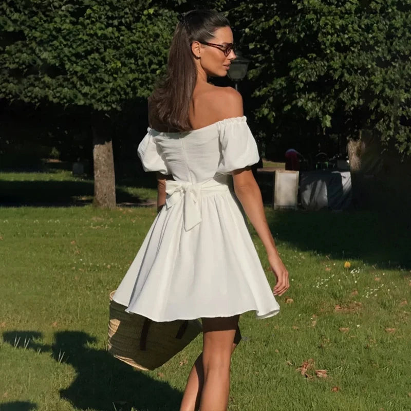 Tornova One-Shoulder Puff Sleeve Dress Female Lace Up Short Sleeve High Waist Mini Dress A-line Chiffon Casual Dress Solid Slim - Fashivon