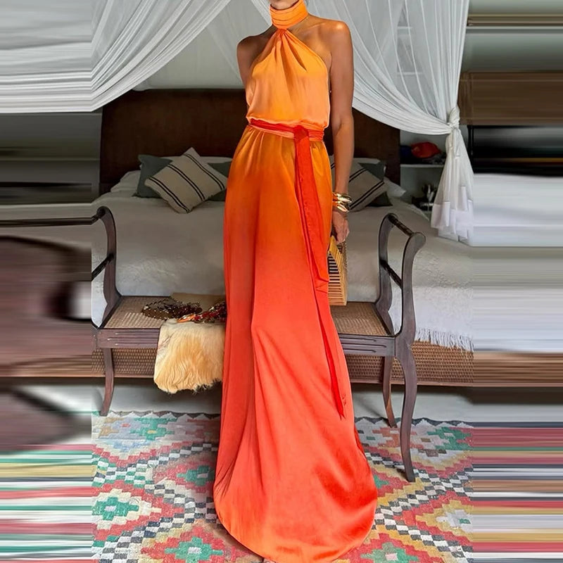 Casual Summer Slim Beach Long Dress Gradient Printed Backless Lady Waist Robe Dress