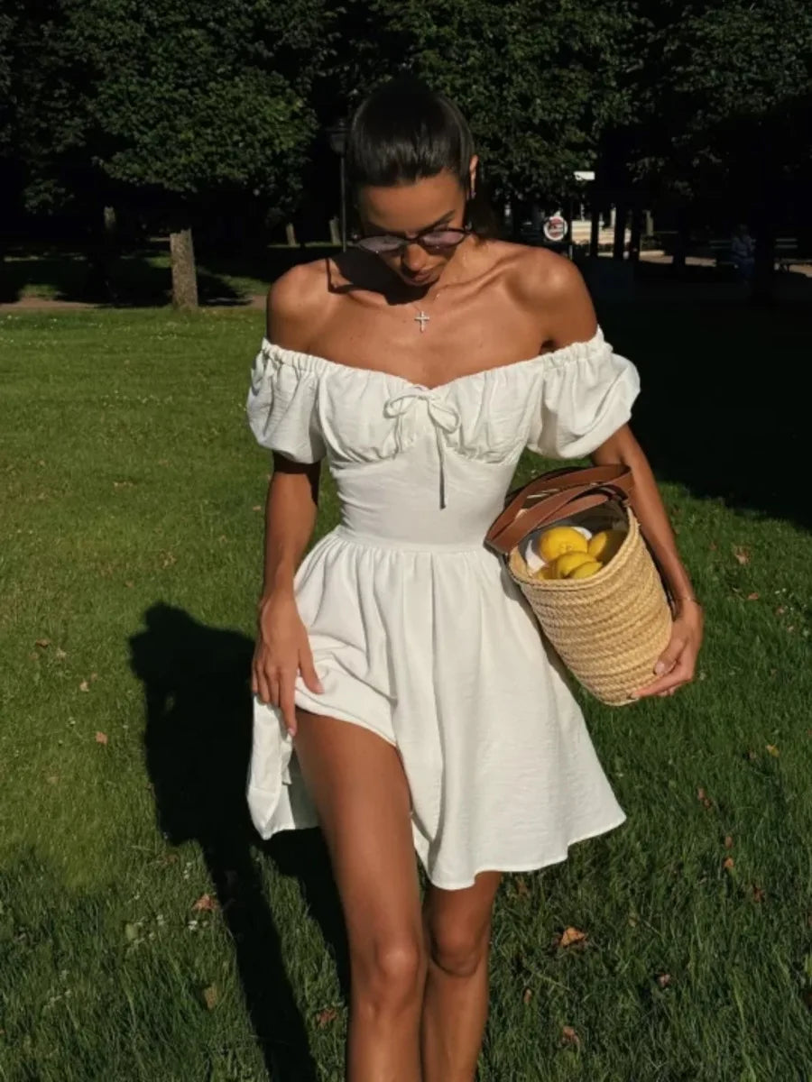 Tornova One-Shoulder Puff Sleeve Dress Female Lace Up Short Sleeve High Waist Mini Dress A-line Chiffon Casual Dress Solid Slim - Fashivon