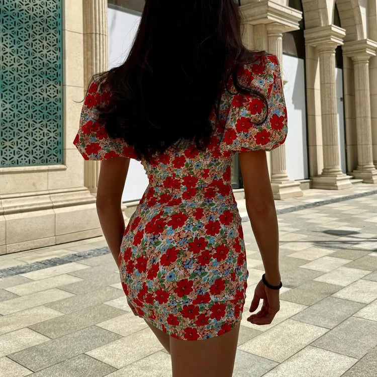 Tornova Print Puff Sleeve Short Dress Female Lapel Summer New Pleated Hight Waist Hot Girl Hip Wrap Dress Women's Fashion Dress - Fashivon
