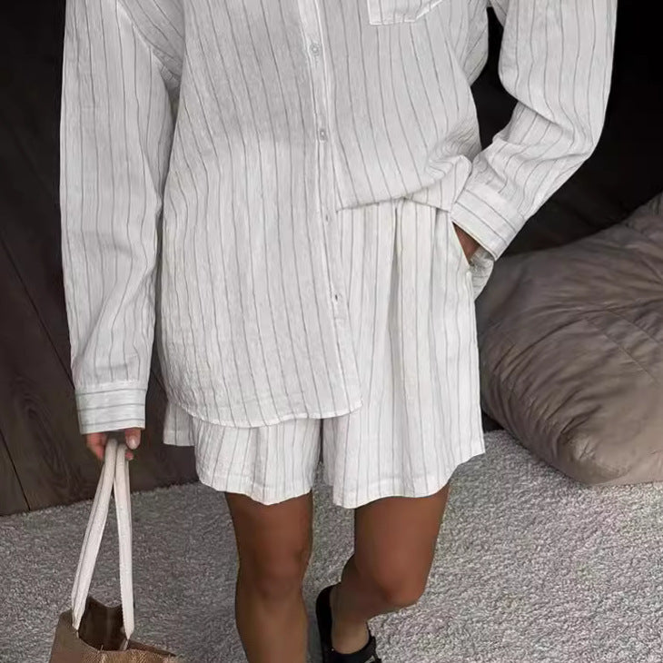 White Striped Long-sleeved Shirt Two-piece Comfortable - Fashivon