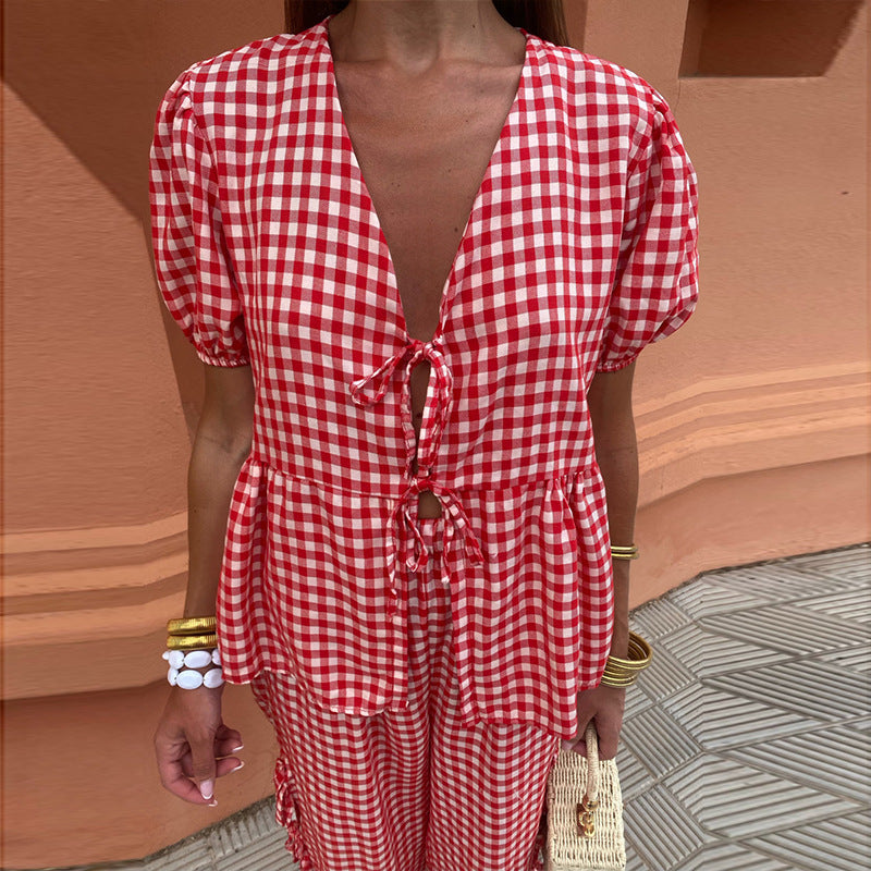 Women's Fashion V-neck Plaid Knotted Suit - Fashivon
