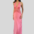 V Lace Long Dress Pink - Fashivon