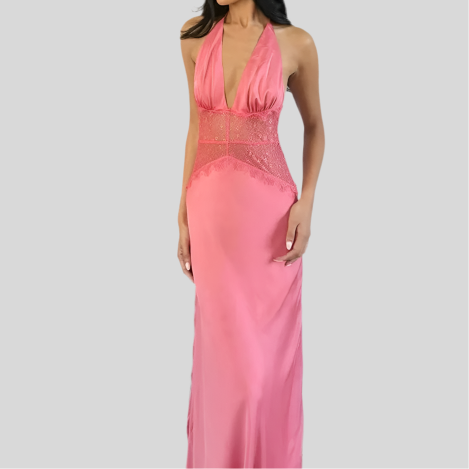 V Lace Long Dress Pink