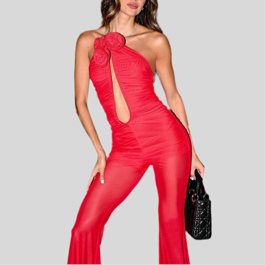 Mesh Jumpsuit Trousers Slim Red for Women