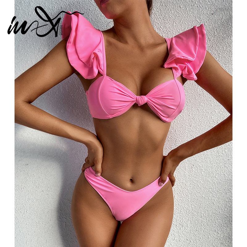 Personality Solid Color Ruffle Swimsuit Female Sexy Bikini New Swimwear 2 Piece Sets Womens Bikini Set Bathing Suit