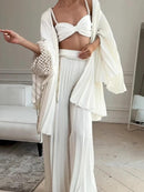 White Pleated Vest Cardigan Three-piece Wide-leg Pants Suit - Fashivon