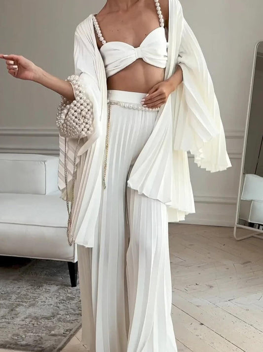White Pleated Vest Cardigan Three-piece Wide-leg Pants Suit - Fashivon