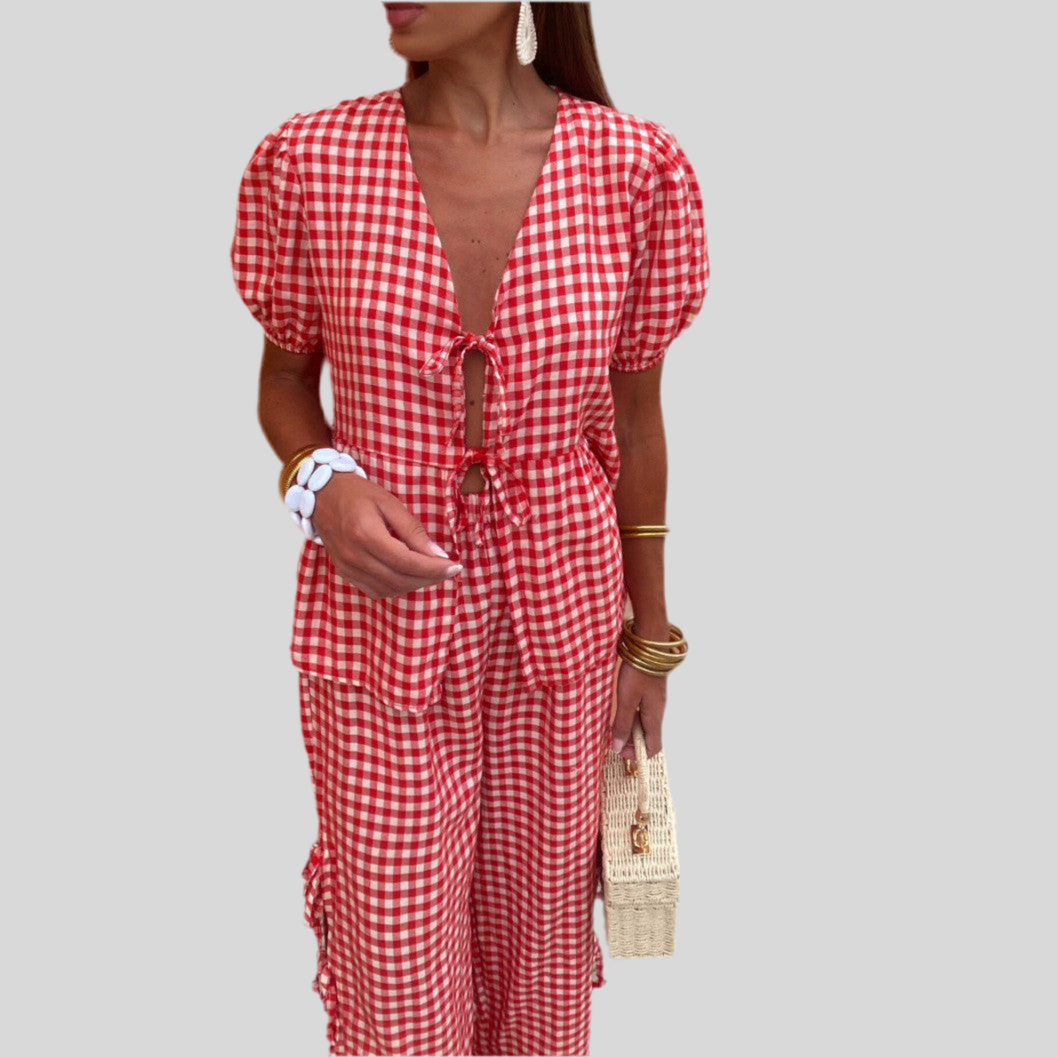 Women's Fashion V-neck Plaid Knotted Suit