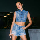 Frayed Lace-up Decorative Low Waist Rhinestone Jeans - Fashivon
