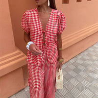 Women's Fashion V-neck Plaid Knotted Suit - Fashivon