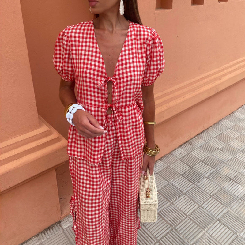Women's Fashion V-neck Plaid Knotted Suit