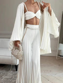 White Pleated Vest Cardigan Three-piece Wide-leg Pants Suit - Fashivon