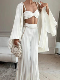 White Pleated Vest Cardigan Three-piece Wide-leg Pants Suit - Fashivon