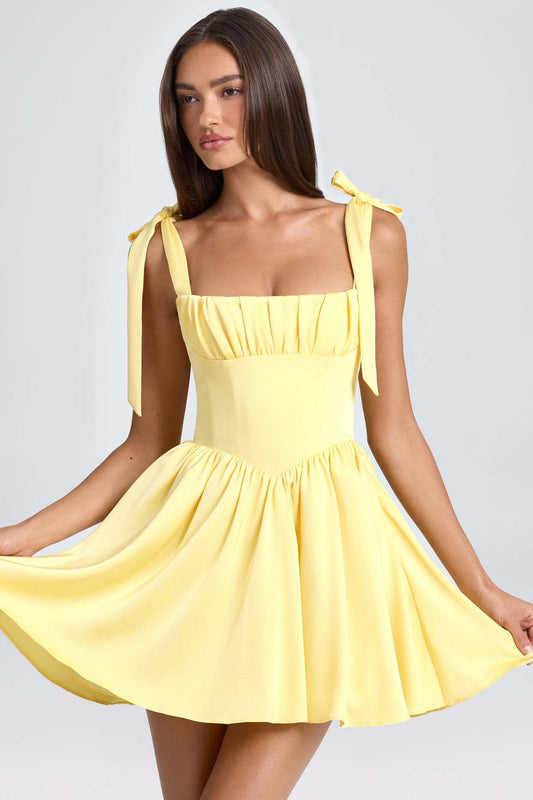 Bow-tied Strap Dress Summer Fashion Backless Square Collar High Waist Short Dress Beach Clothing For Women - Fashivon