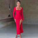 Woman Square-neck Split Long Sleeve Stitching Drawstring Design Long Dress - Fashivon