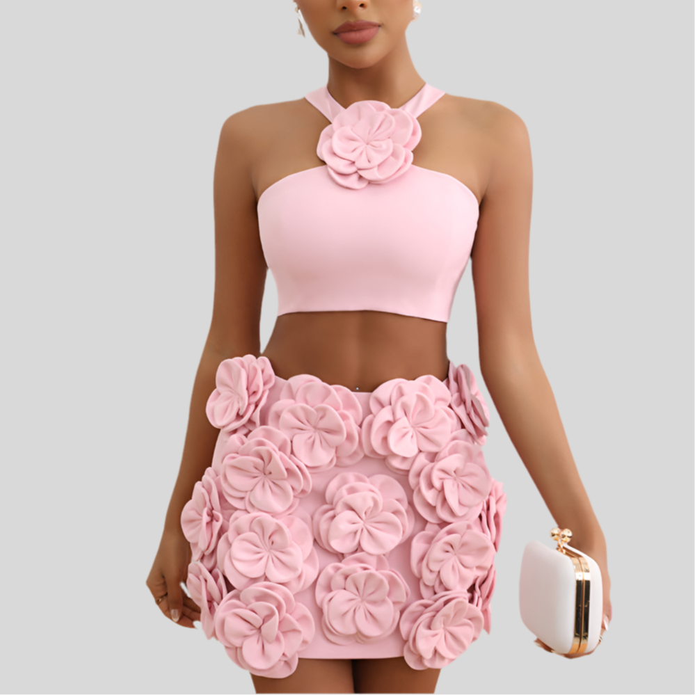 Fashion Suit Top Halter Decorative Flower Skirt