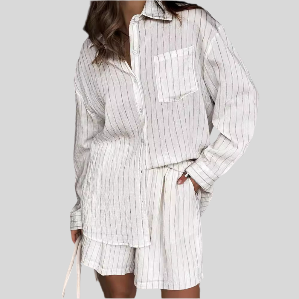 White Striped Long-sleeved Shirt Two-piece Comfortable