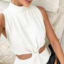Solid Color Hollow-out Fake Two-piece Top Blouse And Pants Women - Fashivon